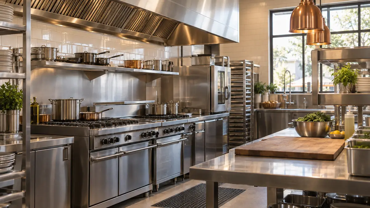 Illustrative stainless steel commercial kitchen with gas cooking equipment